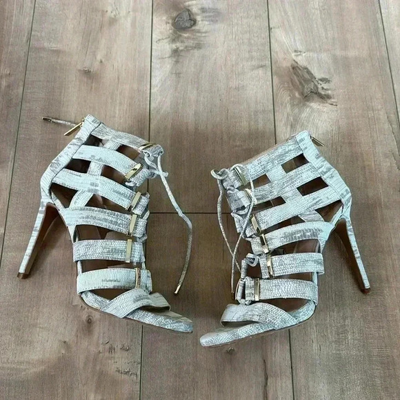 VINCE CAMUTO “Freshi” Leather Snakeskin Gold Heels Sz 8.5 - Picture 2 of 9